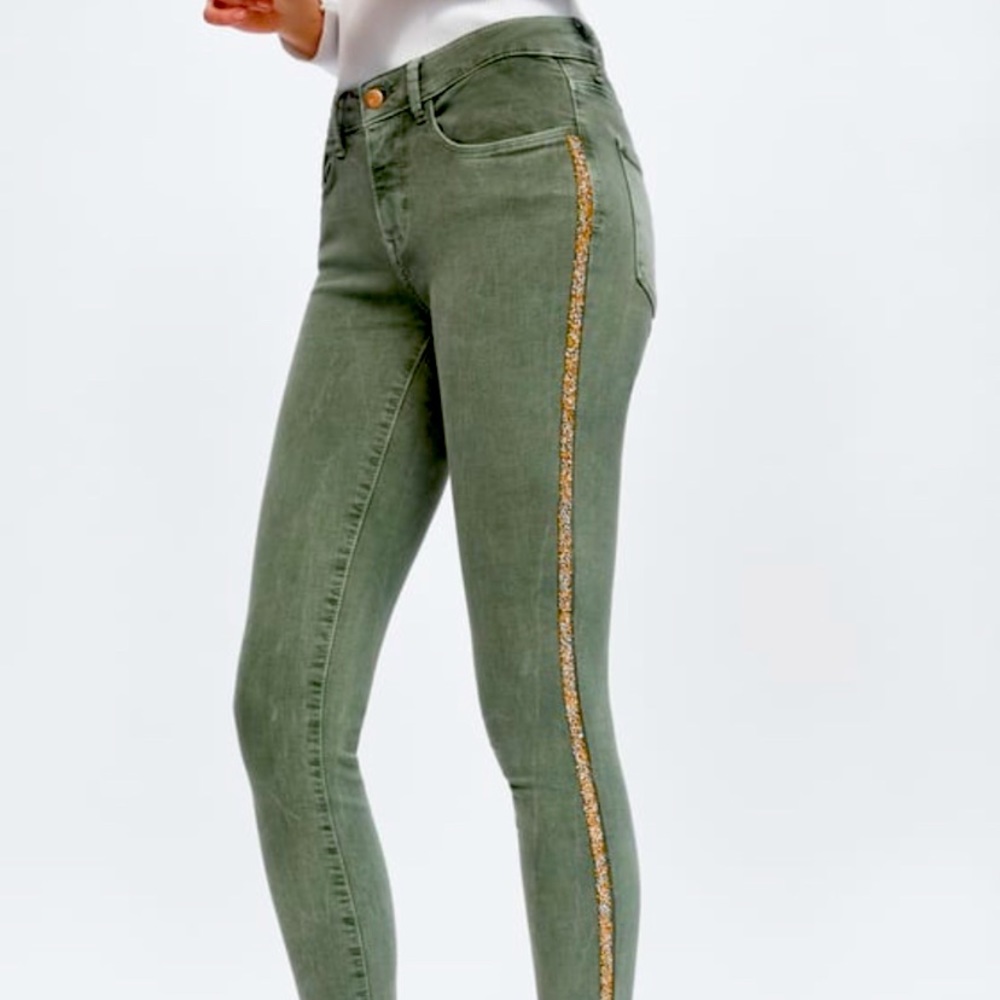 Zara green sparkly side stripe mid rise jeans